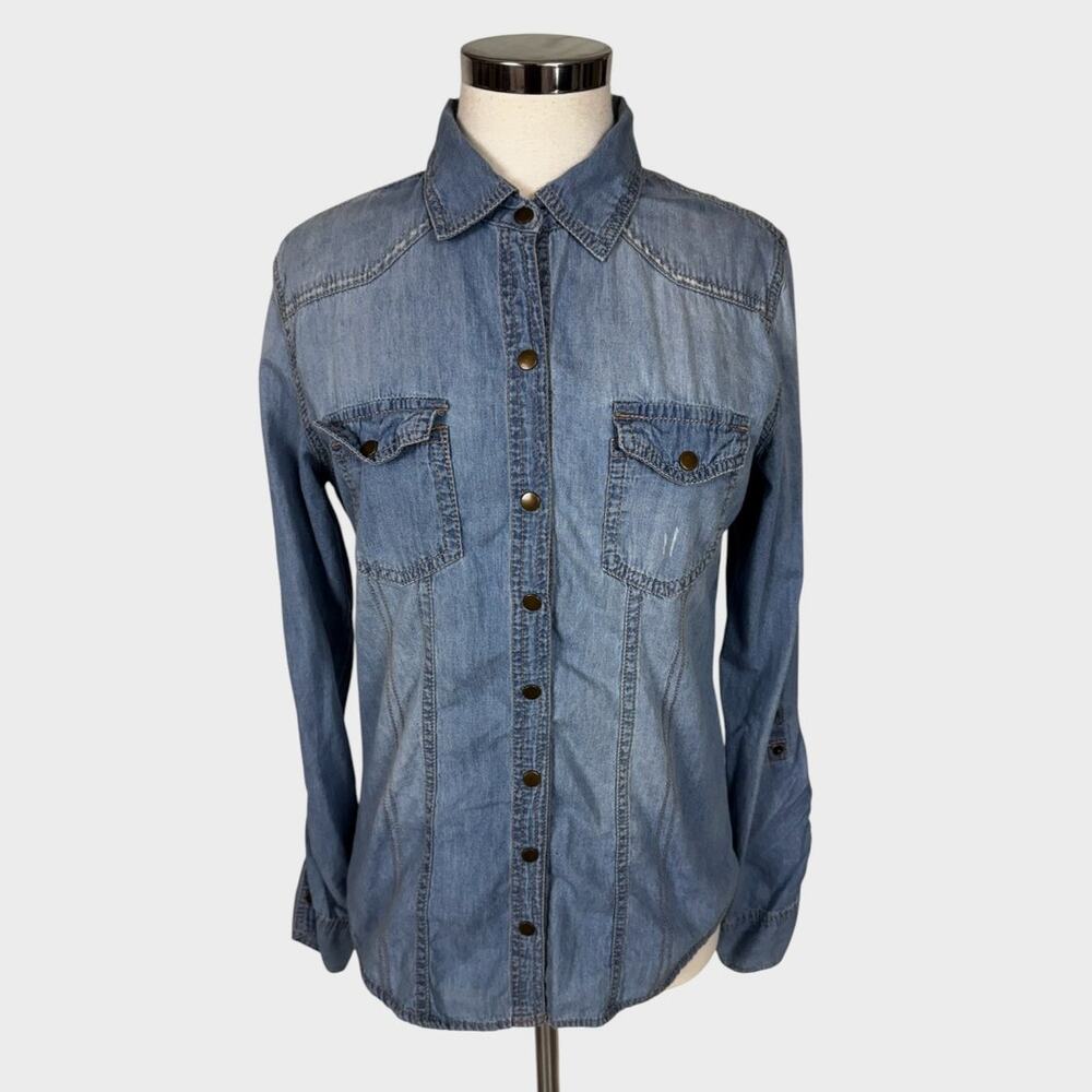 Maurices Womens Large Snap Front Blue Chambray Shirt Roll Tab Sleeves